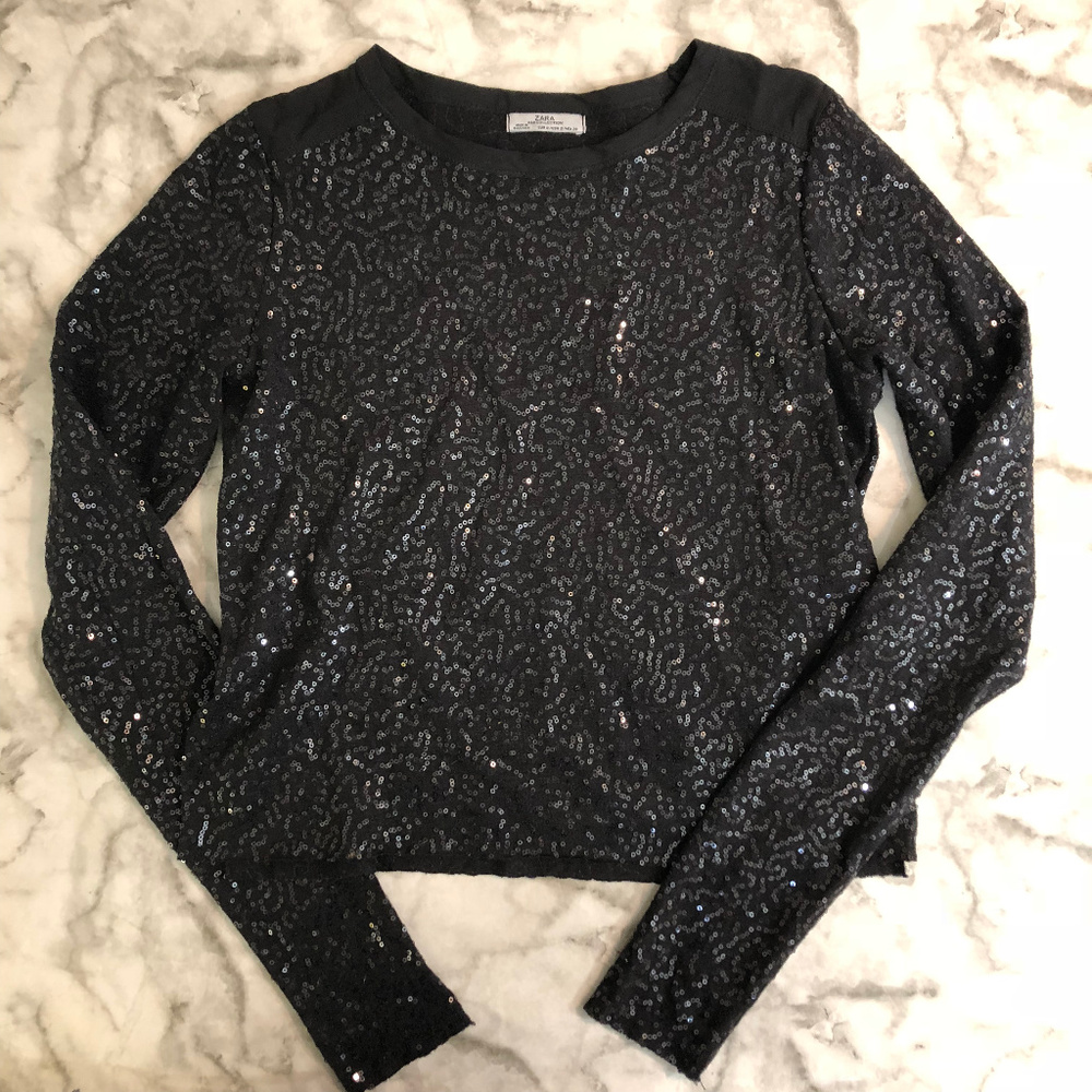 Zara Black Sequined Long Sleeve Cropped Shirt